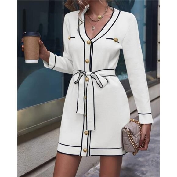 White Sexy Button Down Mini Sweater Dress V-Neck Colorblock Knit Sweater‎ Dress - Picture 1 of 6